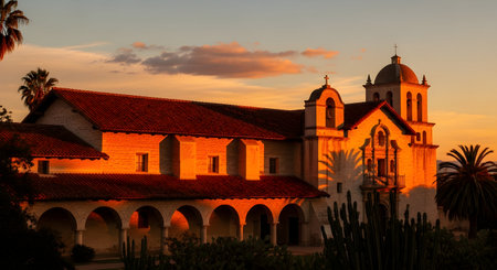 Sunset view of the Monastery of Santa Barbara, California.の素材