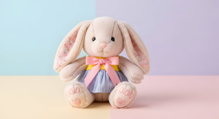 Easter bunny doll with pink bow on pastel blue and pink backgroundの素材