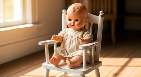 Cute baby doll sitting on a chair in the room at homeの素材