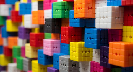 Colorful plastic building blocks as background, close-up view.の素材