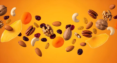 Mixed nuts and dried fruits on orange background. Healthy food conceptの素材
