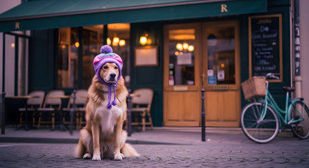 Cute golden retriever dog wearing a pink knitted hat and scarf sitting in front of a cafeの素材