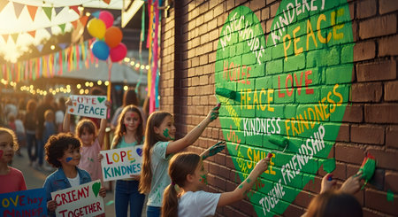 Group of teenagers with placards on the street in front of the brick wallの素材