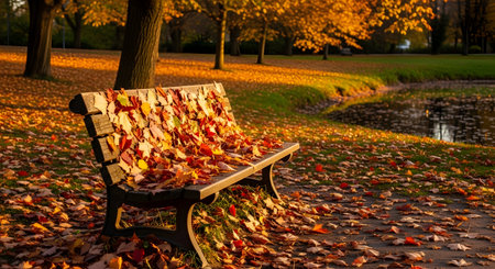 Bench in the autumn park with fallen leaves on the ground. Beautiful fall landscape.の素材