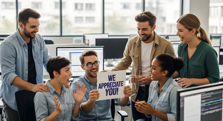 multiethnic startup business team holding placard with we are hiring lettering in officeの素材