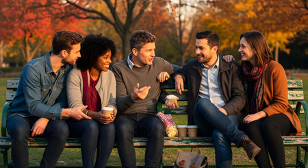 Group of friends sitting on a bench in an autumn park and drinking coffeeの素材