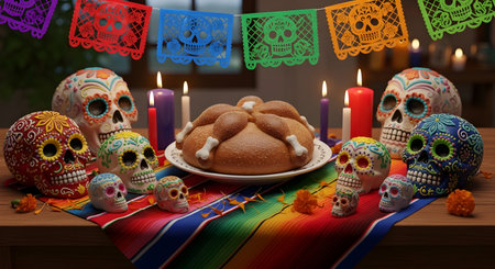 Day of the Dead celebration with sugar skull cookies and colorful garlandsの素材