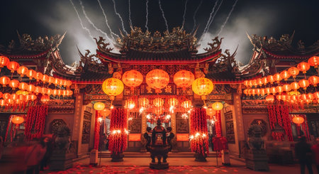 Unidentified people praying in the chinese temple at night.の素材