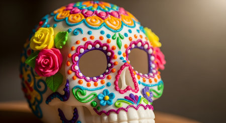 Day of the Dead sugar skull with colorful pattern on it in Mexicoの素材