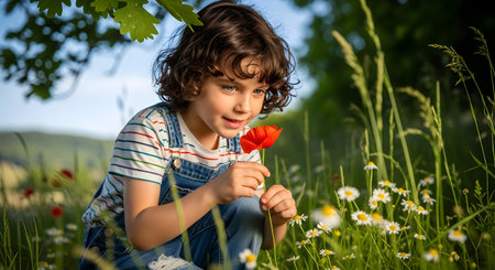 Cute little boy with a red flower in the meadow.の素材