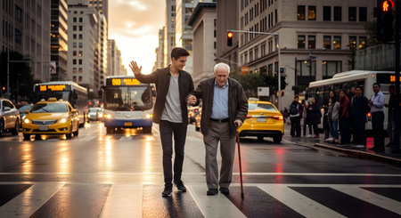 Senior man walking with his grandfather in the city at night time.の素材