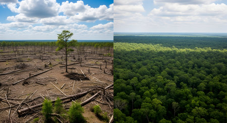 Aerial view of a forest with a broken tree in the middleの素材