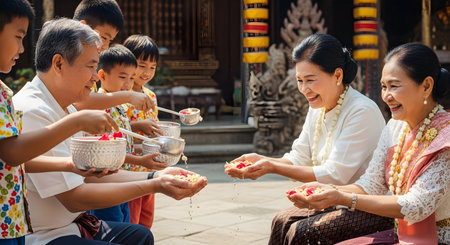Unidentified Thai people making religious merit at the temple in Kanchanaburi, Thailand.の素材
