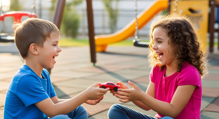 Little boy and girl playing video games on children playground. Kids having fun outdoors.の素材
