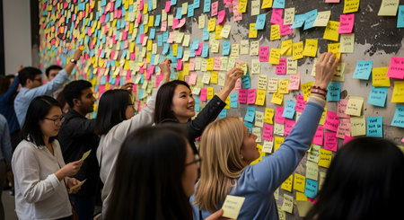 Group of business people brainstorming with sticky notes on wall at officeの素材