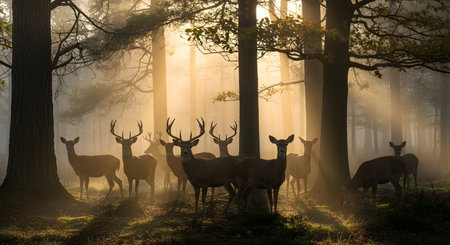 Silhouette of red deer in the misty forest at sunriseの素材