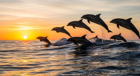 Dolphins jumping out of the water at sunset in the sea.の素材