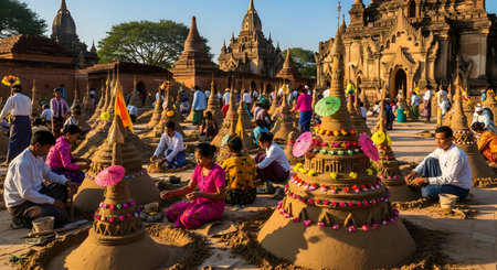 Unidentified Burmese people pray at Shwezigon Pagoda in Bagan, Myanmar (Burma)の素材