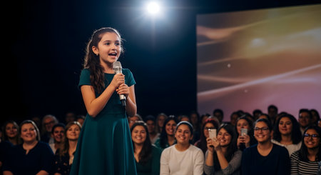 Young beautiful girl singing karaoke in front of audience at concertの素材