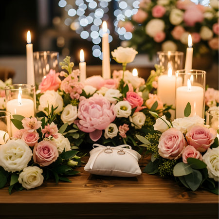 Wedding rings on the table with candles and flowers. Wedding detailsの素材