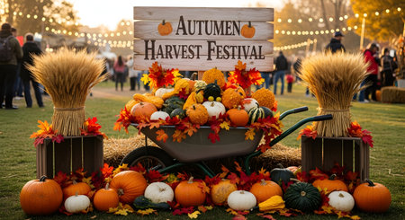 Autumn Harvest Festival. Wheelbarrow full of pumpkins, gourds and other vegetables.の素材