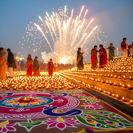 Unidentified people worshiping the Diwali festival.の素材