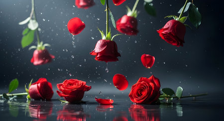Red roses with water drops on dark background. Valentines day conceptの素材