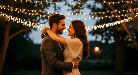 Wedding couple in love hugging in the park at night.の素材