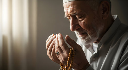 Portrait of a senior muslim man praying with rosaryの素材