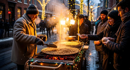 Unidentified people buying food at Christmas market in Frankfurt, Germany.の素材