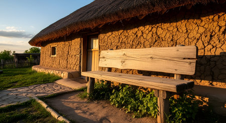 Wooden bench in a village in the north of Russia at sunsetの素材