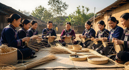 Hochiminh minority people are weaving bamboo basketsの素材