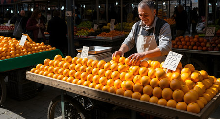 Mature man selling fresh oranges at the market in Paris, Franceの素材