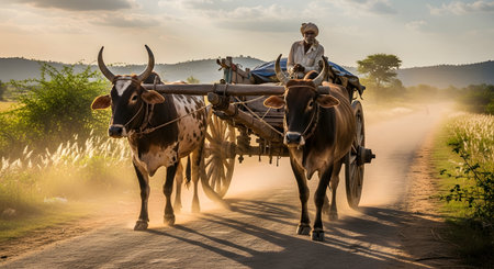 Rural scene with ox cart and farmer in the countryside of Thailandの素材