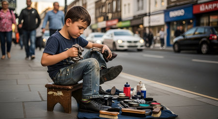 Homeless beggar boy sitting on the streetの素材