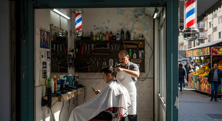 Barber cuts the hair of a man in a barber shopの素材