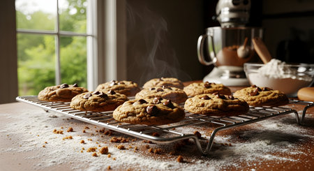 Chocolate chip cookies on a cooling rack. Selective focus.の素材