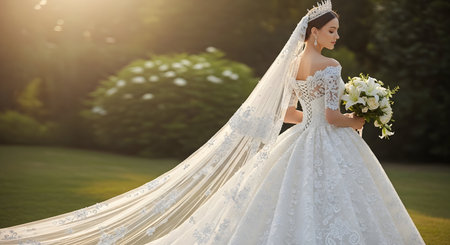 Beautiful bride in wedding dress with bouquet of flowers in gardenの素材