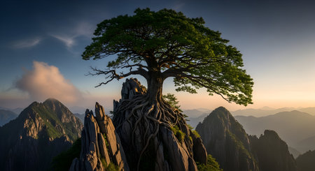 Tree on the top of the mountain at sunset in Huangshan, Chinaの素材