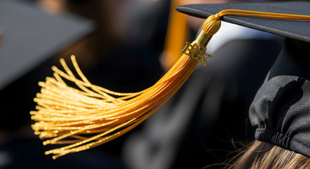 Close up of a graduation cap with a yellow ribbon in the backgroundの素材