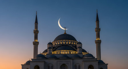 Mosque and crescent moon at sunset, Istanbul, Turkey.の素材