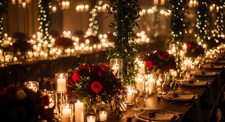 Wedding table decoration with red flowers, candles and lights.の素材