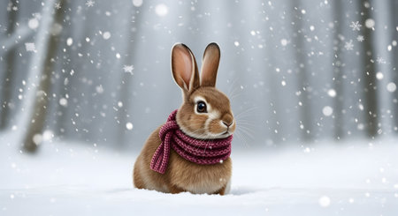 Cute rabbit with scarf in winter forest. Animal on snow.の素材