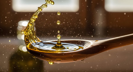 Olive oil drop falling into a wooden spoon, defocused backgroundの素材