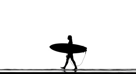 Silhouette of a surfer with a surfboard on white backgroundの素材