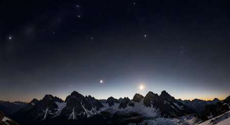 Night sky with stars and milky way over a mountain range.の素材