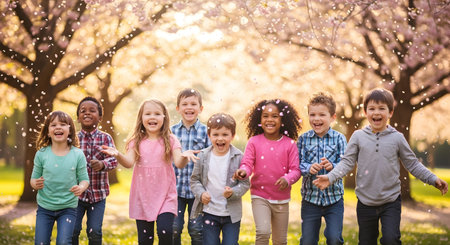 Group of happy children having fun in the park during cherry blossom seasonの素材