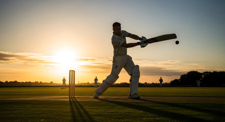 Cricket player hitting the ball with the bat at sunset.の素材