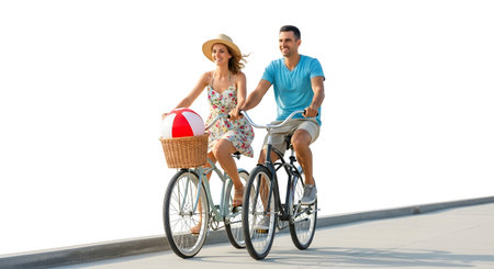 Happy young couple riding bicycle on the promenade against white backgroundの素材