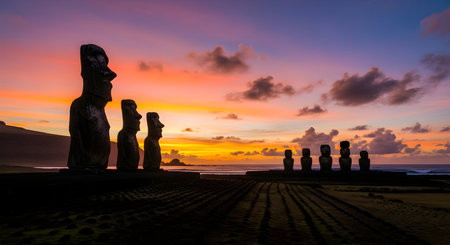 Sunset at Ahu Tongariki, Easter Island, Chileの素材